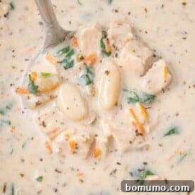 A hearty bowl of creamy gnocchi soup, brimming with tender chicken chunks, fluffy gnocchi, fresh spinach, and diced vegetables, garnished with fragrant herbs.