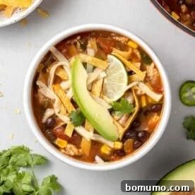 An overhead shot of a vibrant bowl of chicken tortilla soup, garnished with creamy avocado, crispy tortilla strips, and shredded cheese for a hearty meal.