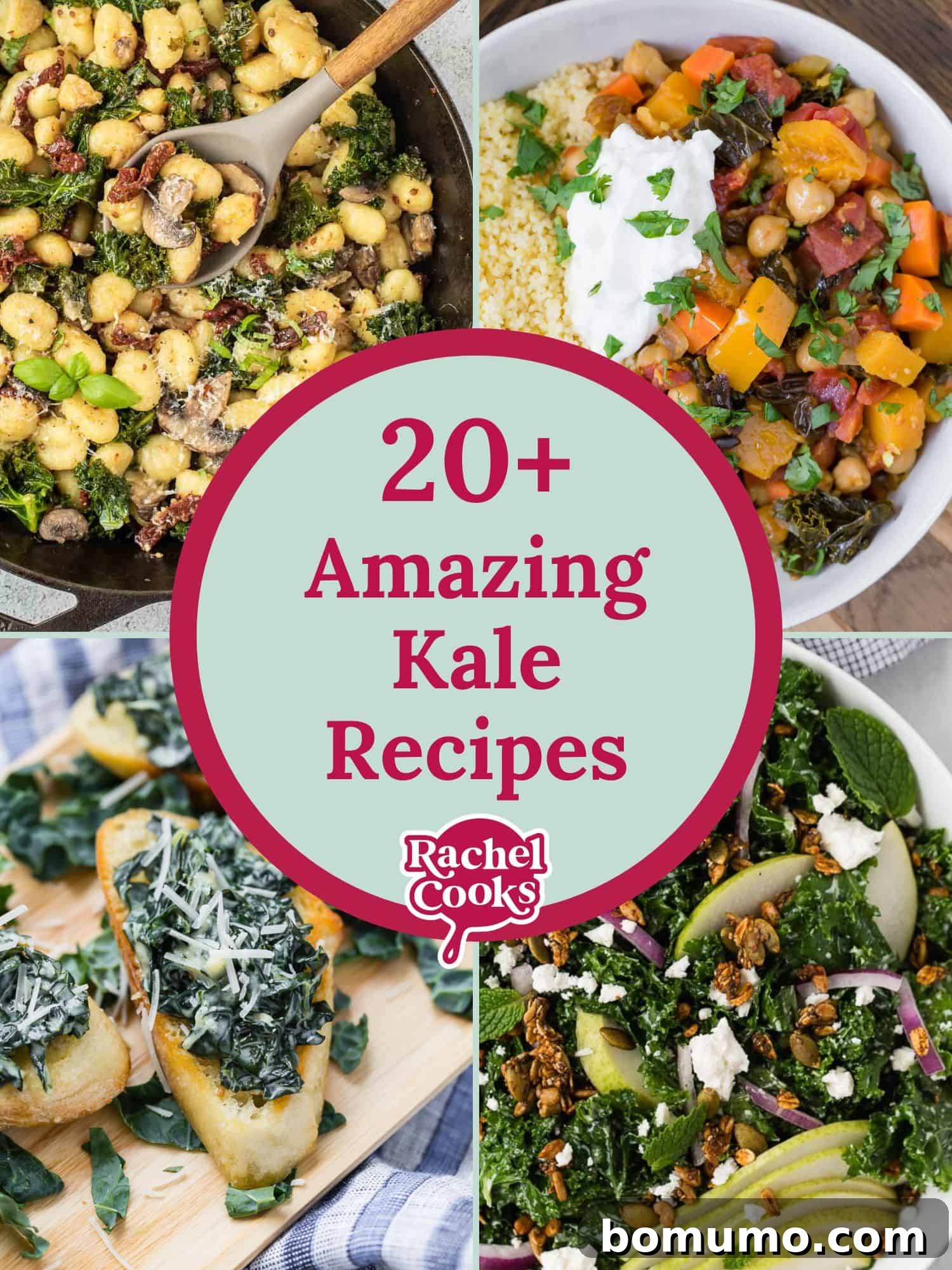 Four vibrant recipe images showcasing diverse kale dishes, with text overlay reading "20+ amazing kale recipes." Discover the versatility of kale beyond chips, from hearty soups to fresh salads.