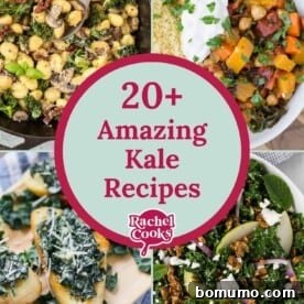 A vibrant assortment of kale recipes, emphasizing the versatility of kale in various dishes. The text overlay reads '20+ amazing kale recipes.'