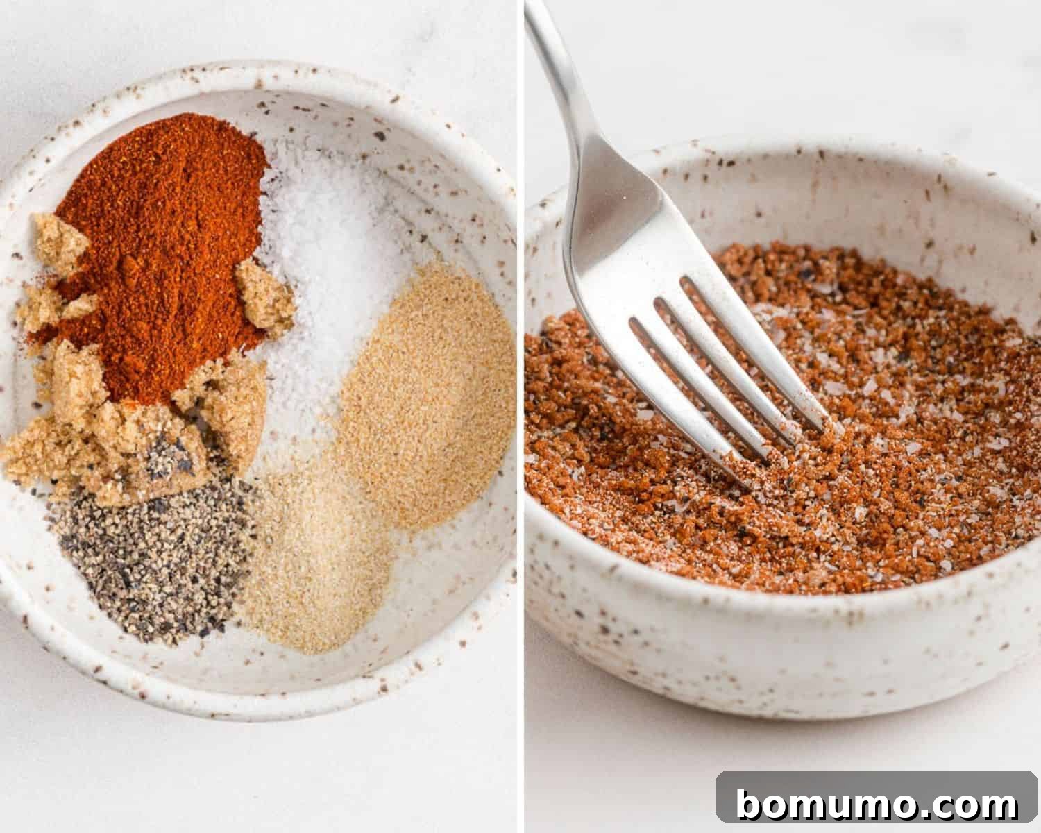 Before and after mixing the spice rub for pork chops.
