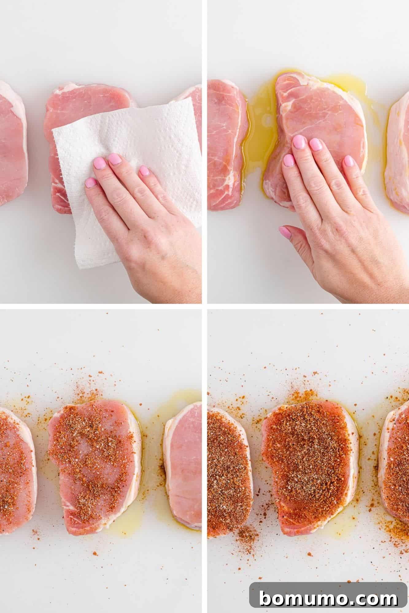 Drying and rubbing pork chops with spice blend.