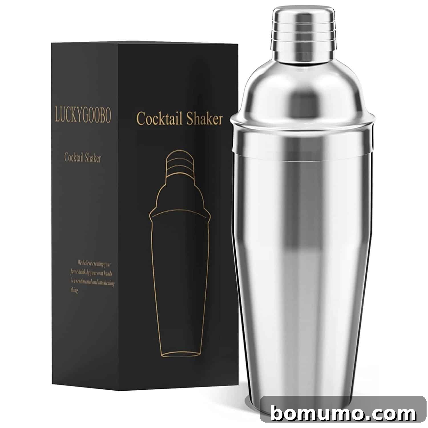 A sleek, metallic cocktail shaker sits prominently on a clean white background, highlighting its essential design and utility for home bartenders.
