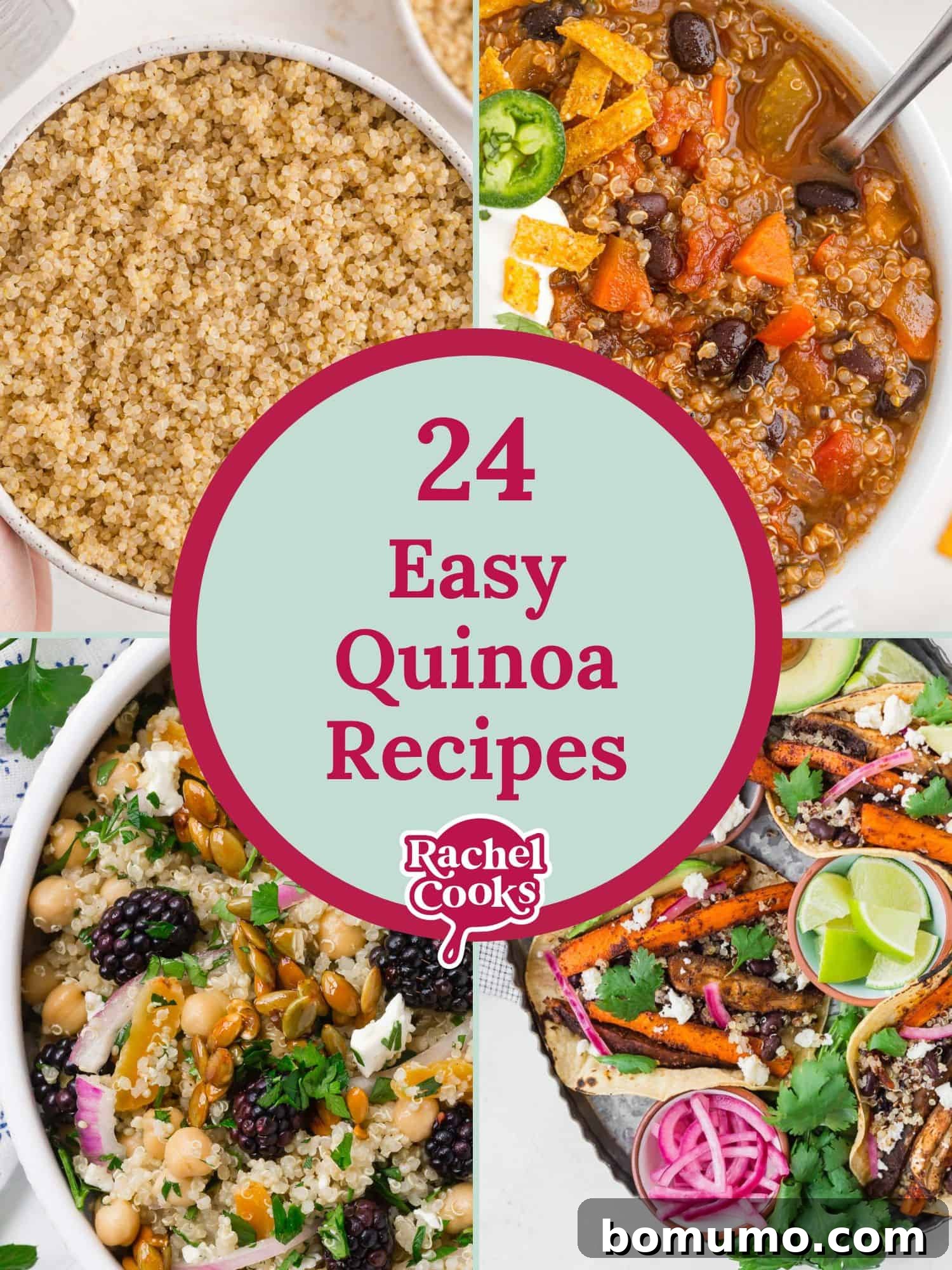 A collage of four different quinoa dishes, with text overlaid that reads '24 Easy Quinoa Recipes.' The image suggests the variety and deliciousness of the recipes featured.