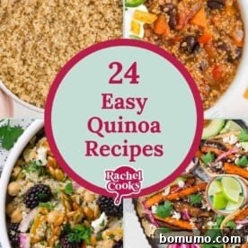 A collage of four different quinoa recipes, illustrating the variety of ways this superfood can be prepared, with text asking '24 easy quinoa recipes?'