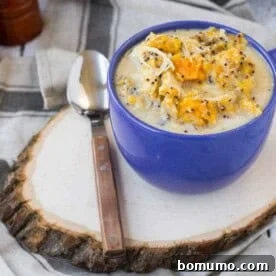 A comforting serving of creamy chicken soup with quinoa and squash, presented in a blue mug with a spoon, resting on a rustic wood slice.