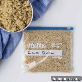 Cooked quinoa stored in a zip-top bag and a serving in a bowl, demonstrating effective meal prep.
