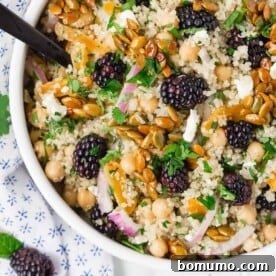 A colorful and vibrant quinoa chickpea salad, adorned with fresh blackberries, crunchy candied pepitas, red onions, crumbled feta cheese, and fragrant fresh herbs.