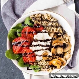 An overhead shot of a shallow white bowl showcasing an elegantly arranged quinoa bowl, drizzled with a rich balsamic reduction, featuring roasted tomatoes and creamy ricotta.