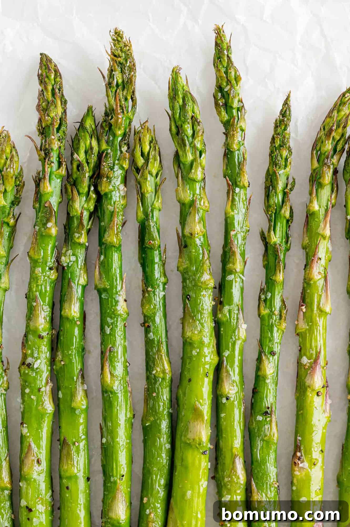 Vibrantly green air fryer asparagus spears perfectly lined up in a single layer, ready to be served on a white background, highlighting their crisp texture and fresh appeal.