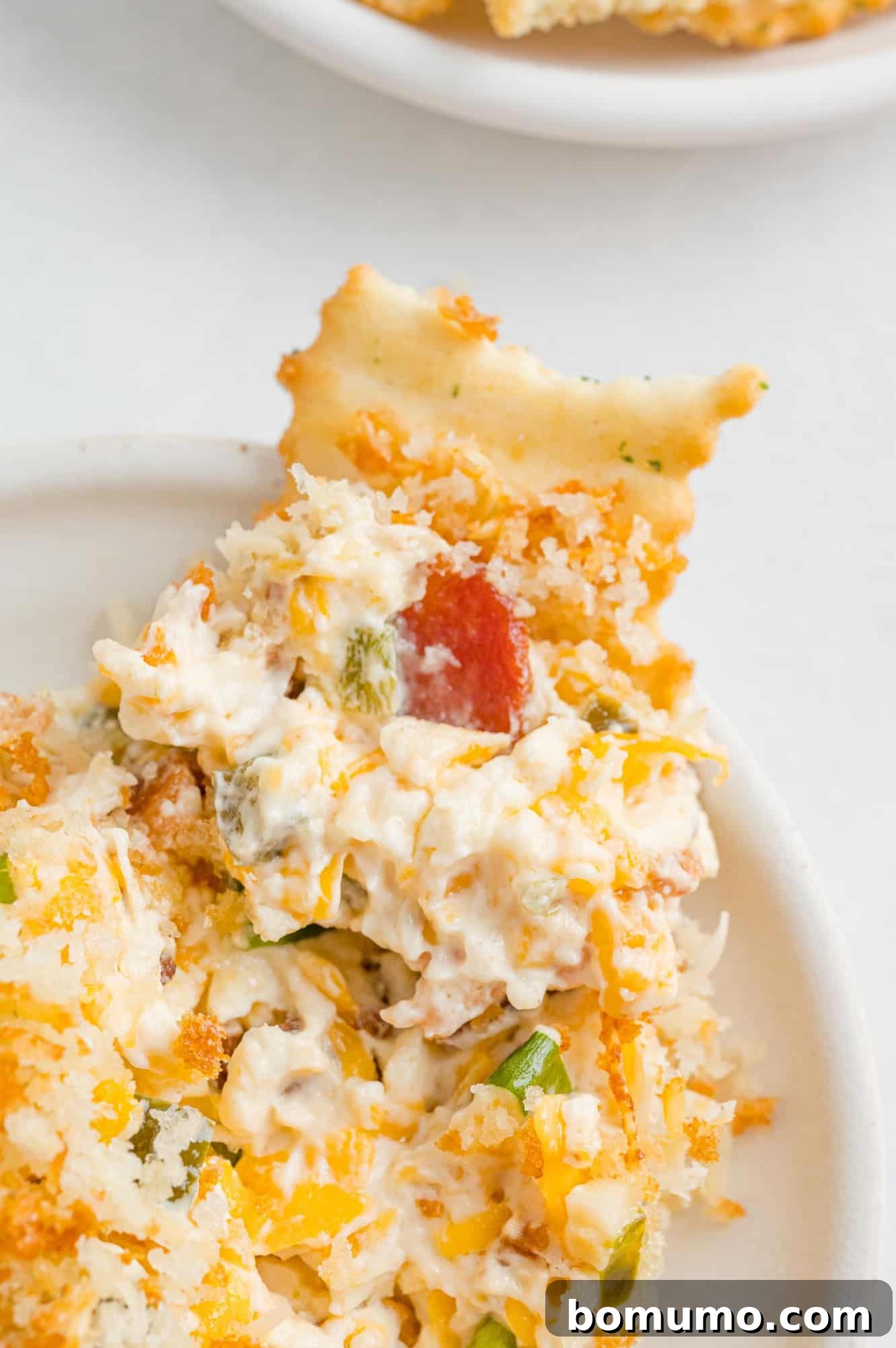 Pile of cheesy dip with jalapeño and bacon, a cracker dipped in. A rich, warm, and inviting dip texture.