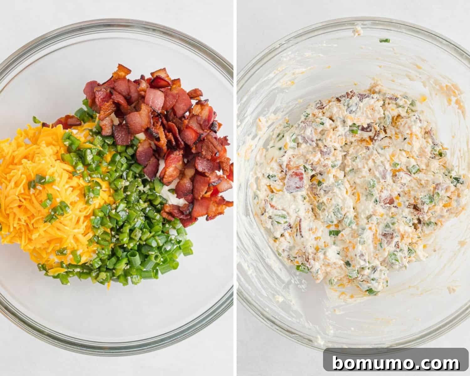Dip before and after mixing. A bowl with unmixed ingredients next to a bowl of smoothly blended dip.