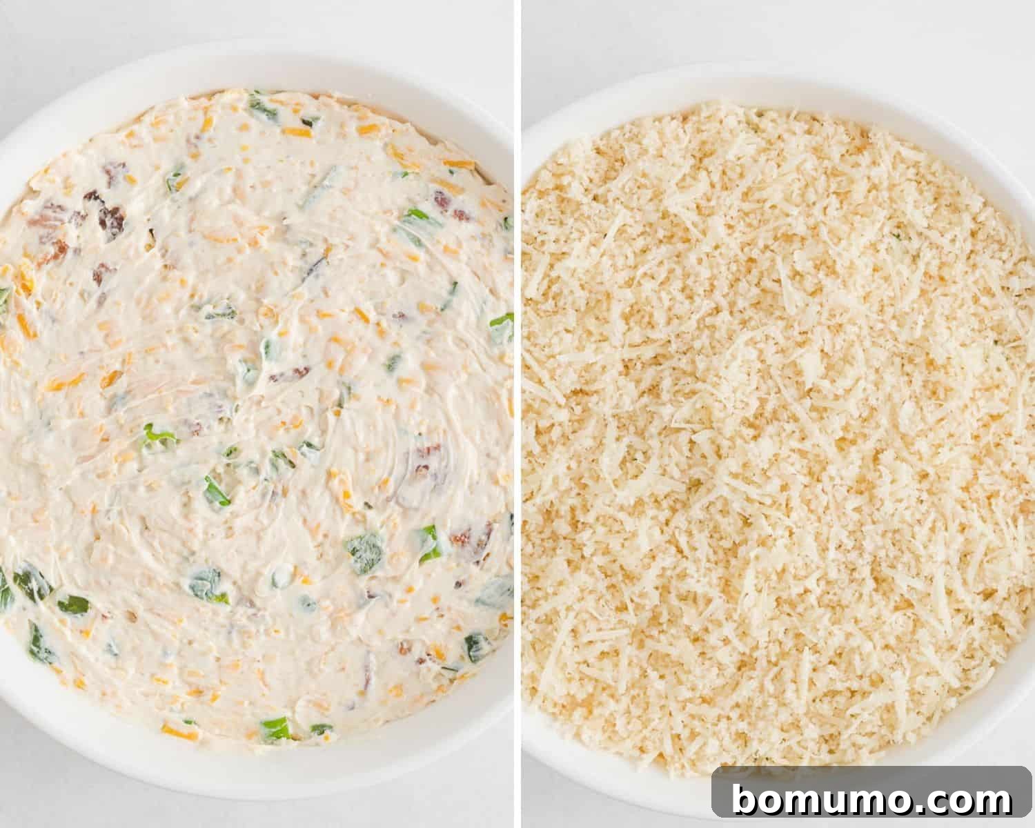 Dip before and after adding panko topping. A smooth dip in a baking dish, then the same dish with a golden breadcrumb topping.