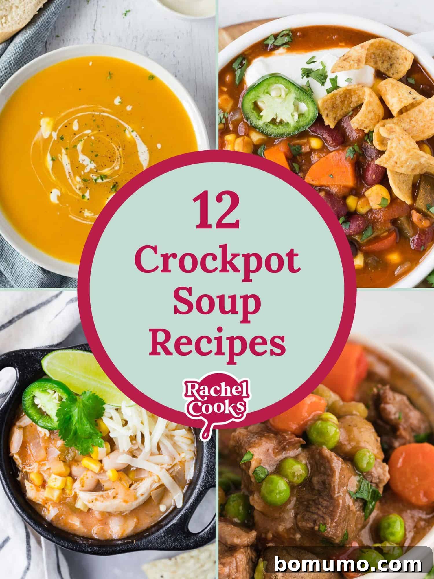 A collage of four inviting soup images, with text overlay reading '12 Crockpot Soup Recipes.'