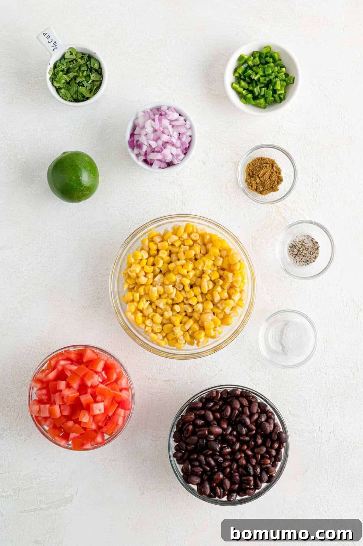 Fiesta Black Bean Corn Salsa 4 Individual ingredients for black bean corn salsa laid out, including cans of beans and corn, fresh tomatoes, and a lime.