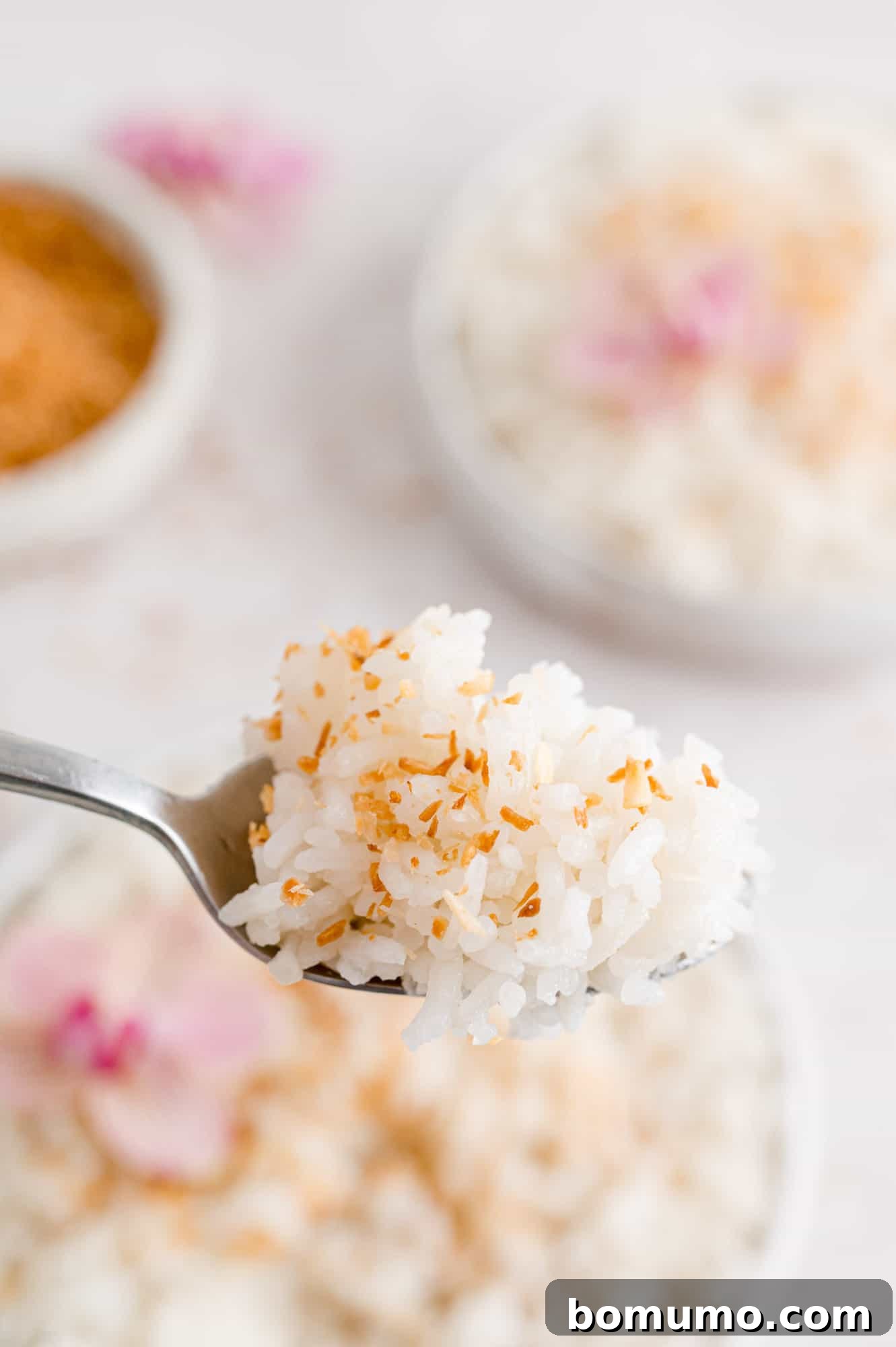 Tropical Coconut Bliss 3 A spoonful of fluffy coconut rice, ready to be savored.