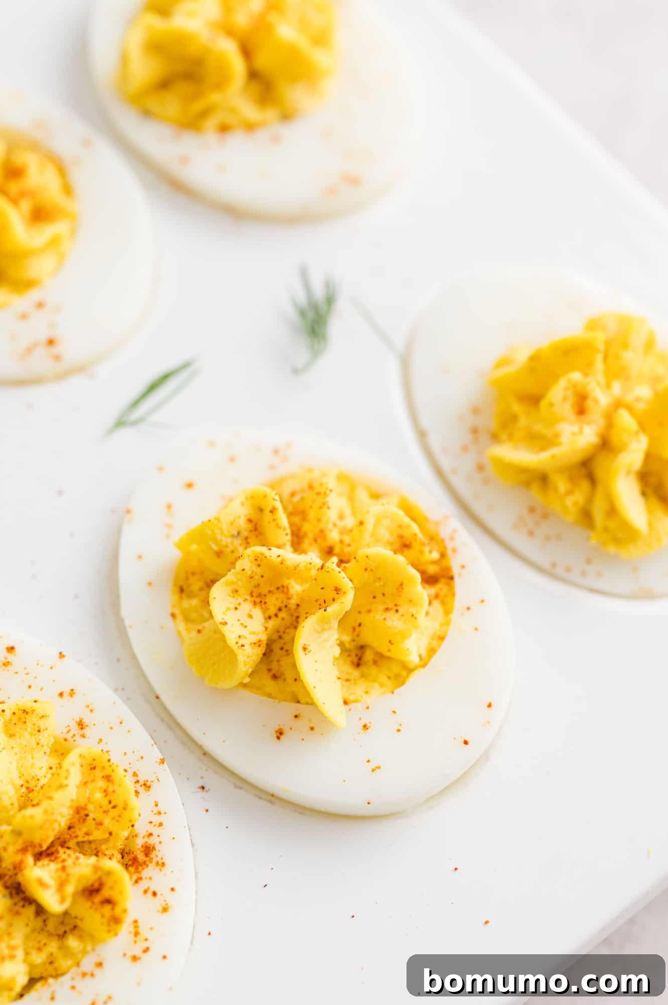 Classic deviled eggs on a platter.