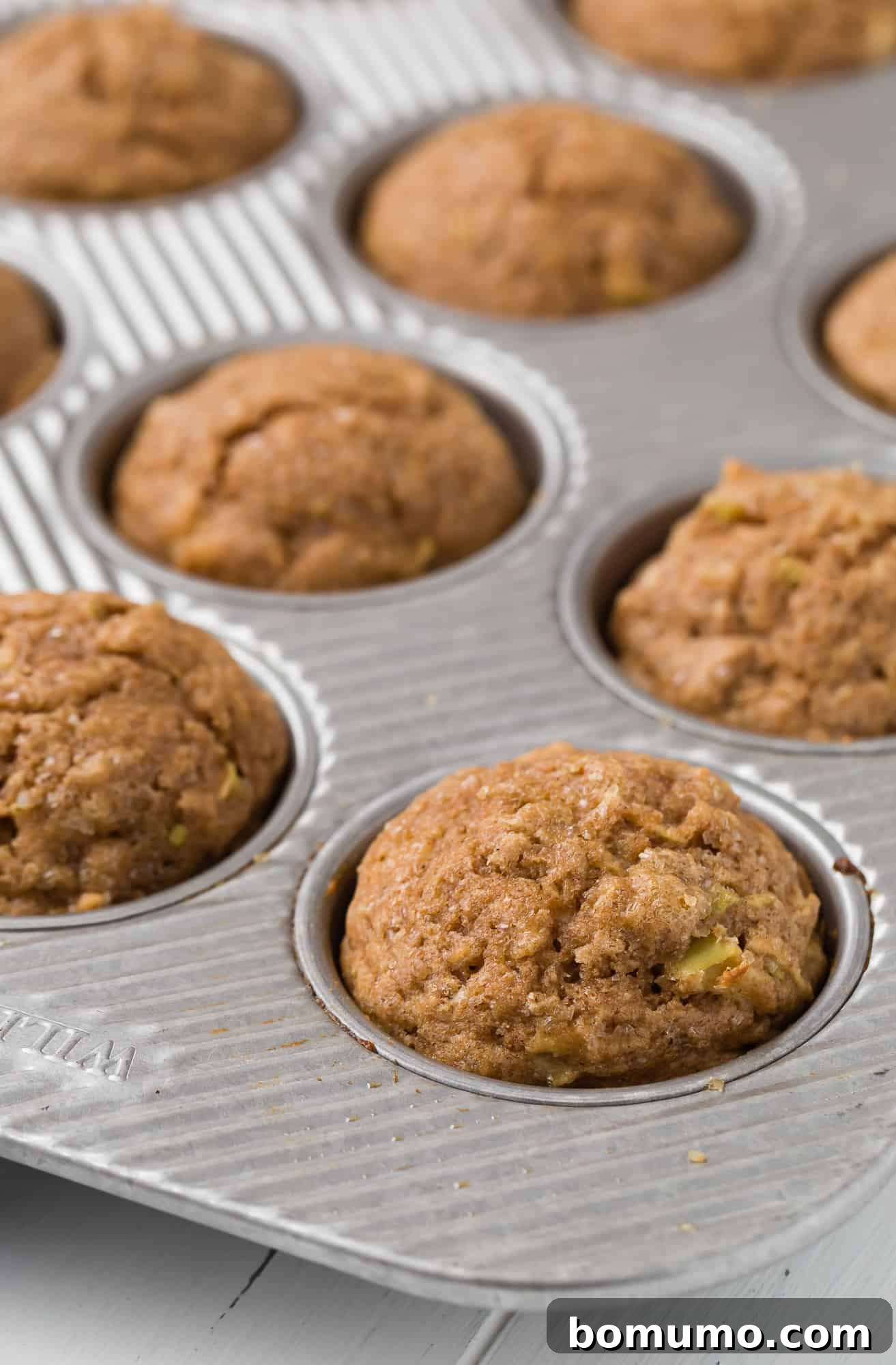 Apple muffins made with whole wheat flour in a silver muffin pan.