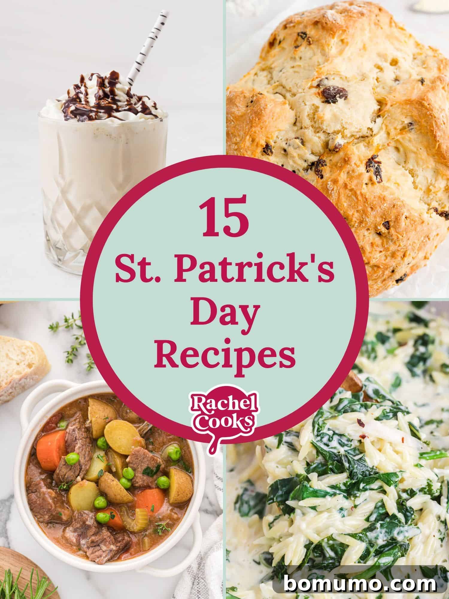 A festive graphic displaying '15 St. Patrick's Day Recipes' alongside four mouth-watering food images, perfect for celebrating Irish culture and cuisine.