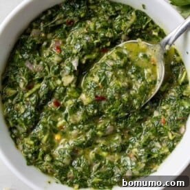 A white bowl showcasing vibrant green chimichurri sauce, with a spoon lifting some to highlight its rich, herbaceous texture and fresh ingredients.