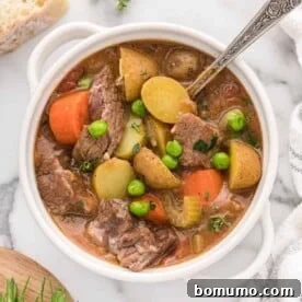 A hearty serving of slow cooker beef stew in a small white bowl, brimming with tender beef, flavorful broth, and wholesome vegetables.