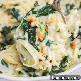 A serving of creamy lemon orzo pasta with leafy greens, garnished with crunchy pine nuts, beautifully presented in a white bowl.
