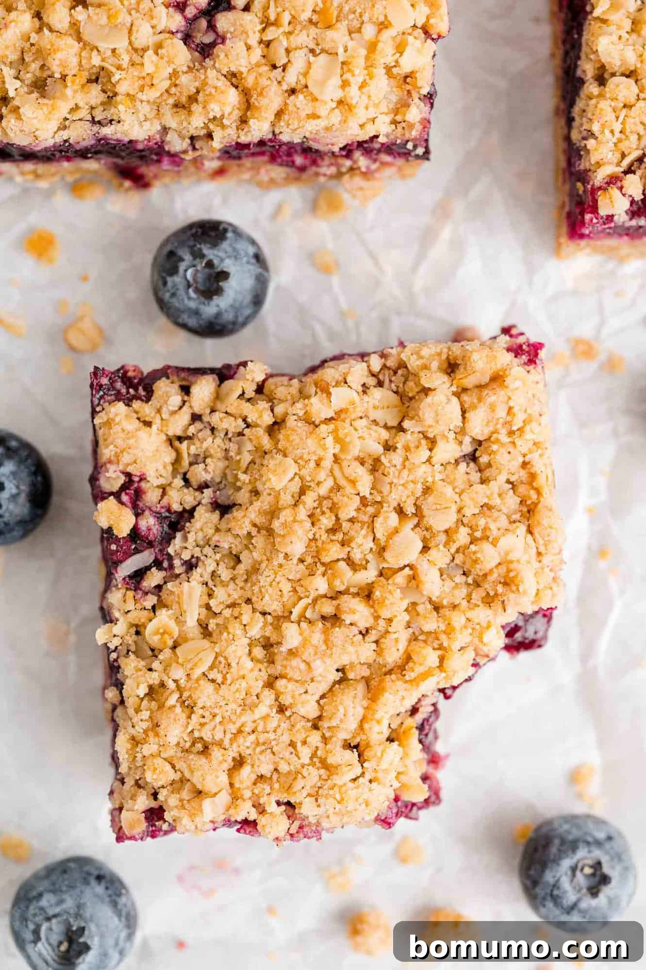 An overhead shot of a blueberry crumb bar with a corner bite taken out.
