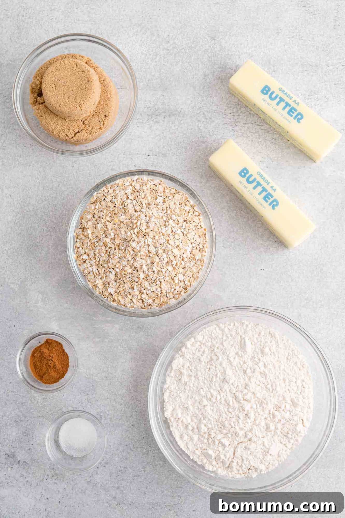 Separate ingredients for the crumb bars laid out on a counter.