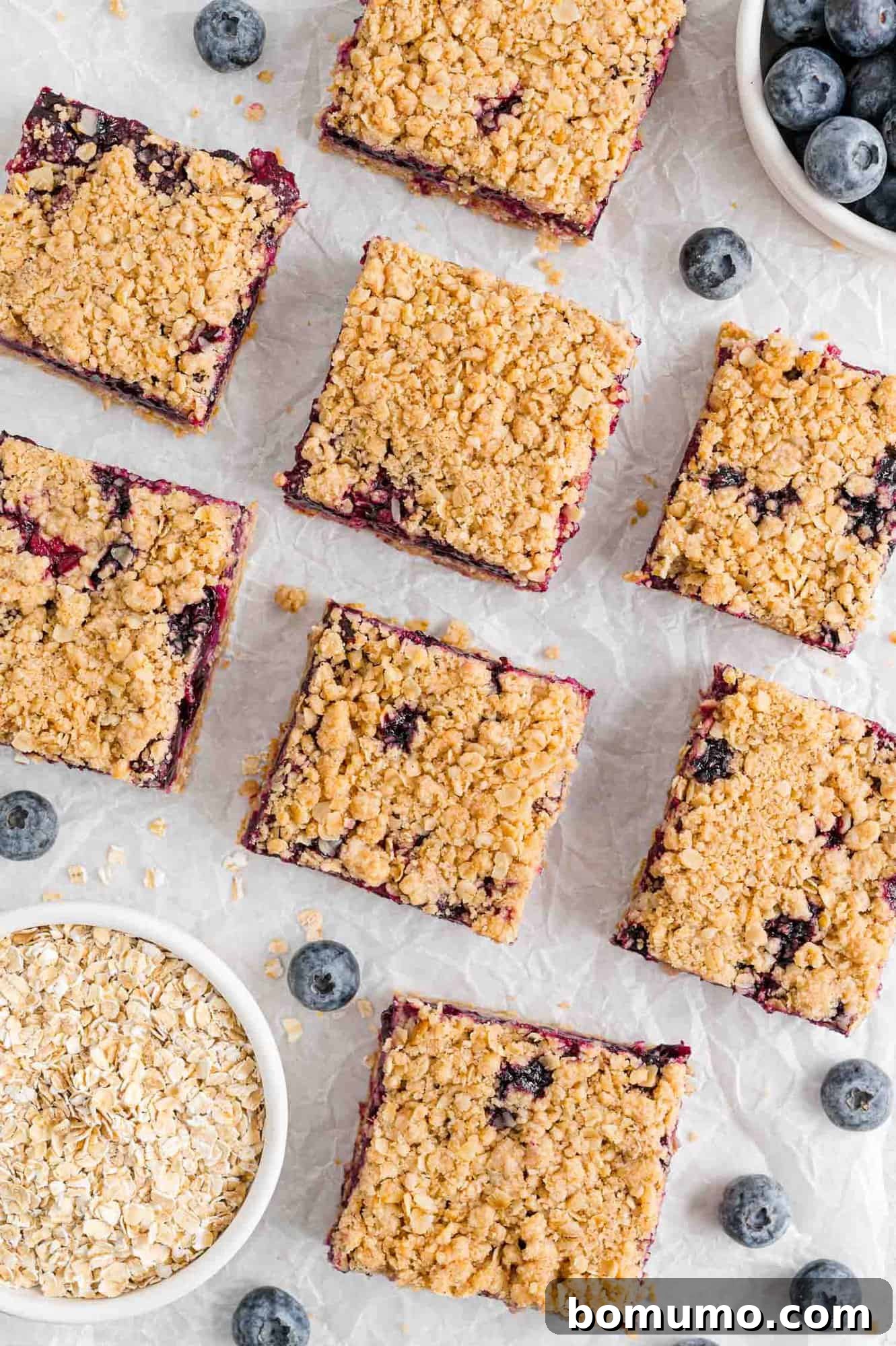 An inviting overhead shot of numerous golden blueberry crumb bars.