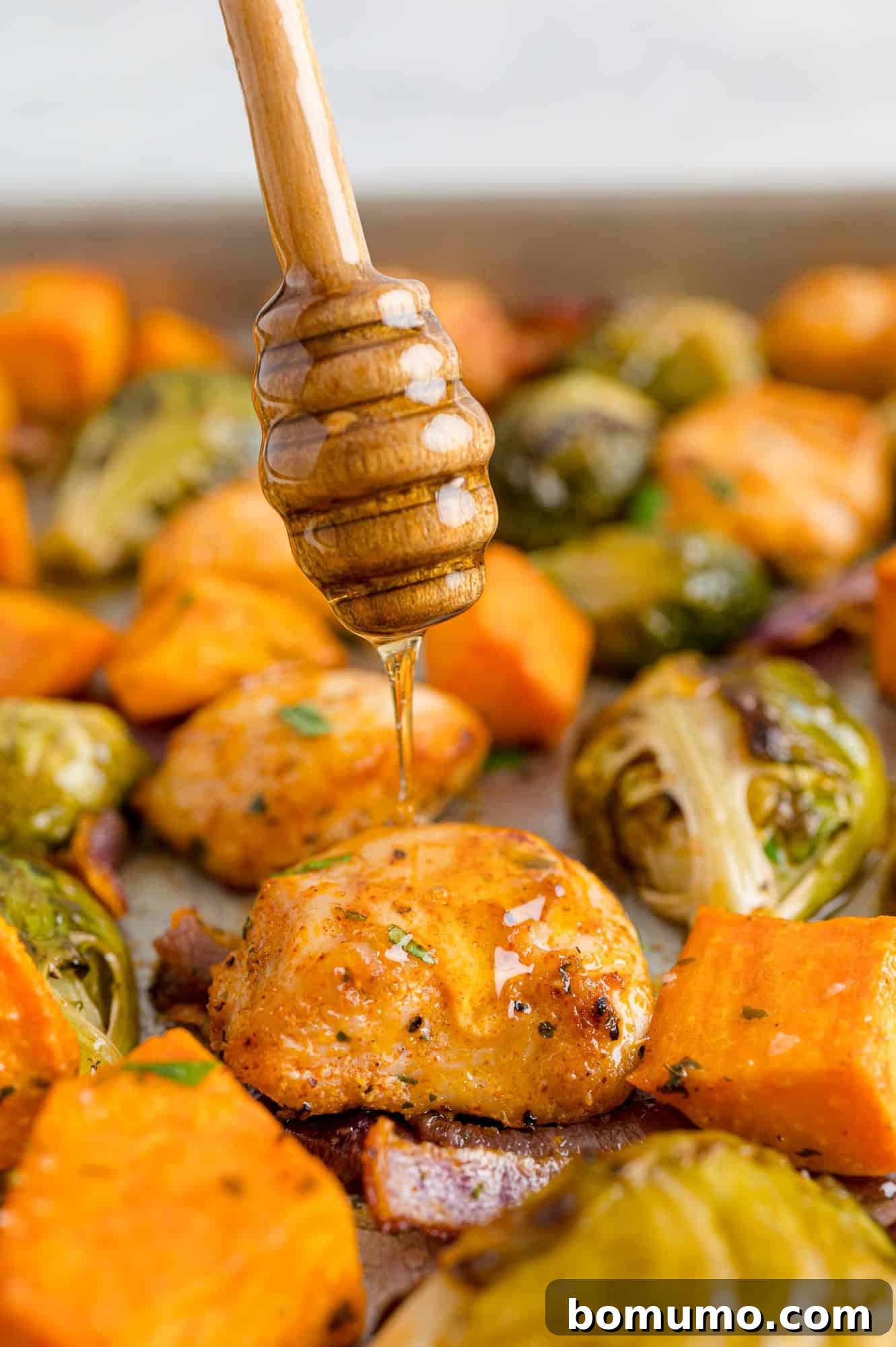 Sheet pan hot honey chicken with a luscious stream of hot honey being drizzled over roasted chicken, Brussels sprouts, and sweet potatoes, highlighting the dish's vibrant colors and glistening glaze.