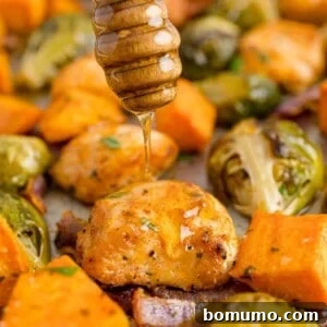 Hot honey chicken sheet pan dinner with honey being drizzled on, showcasing the finished meal with roasted vegetables and succulent chicken.