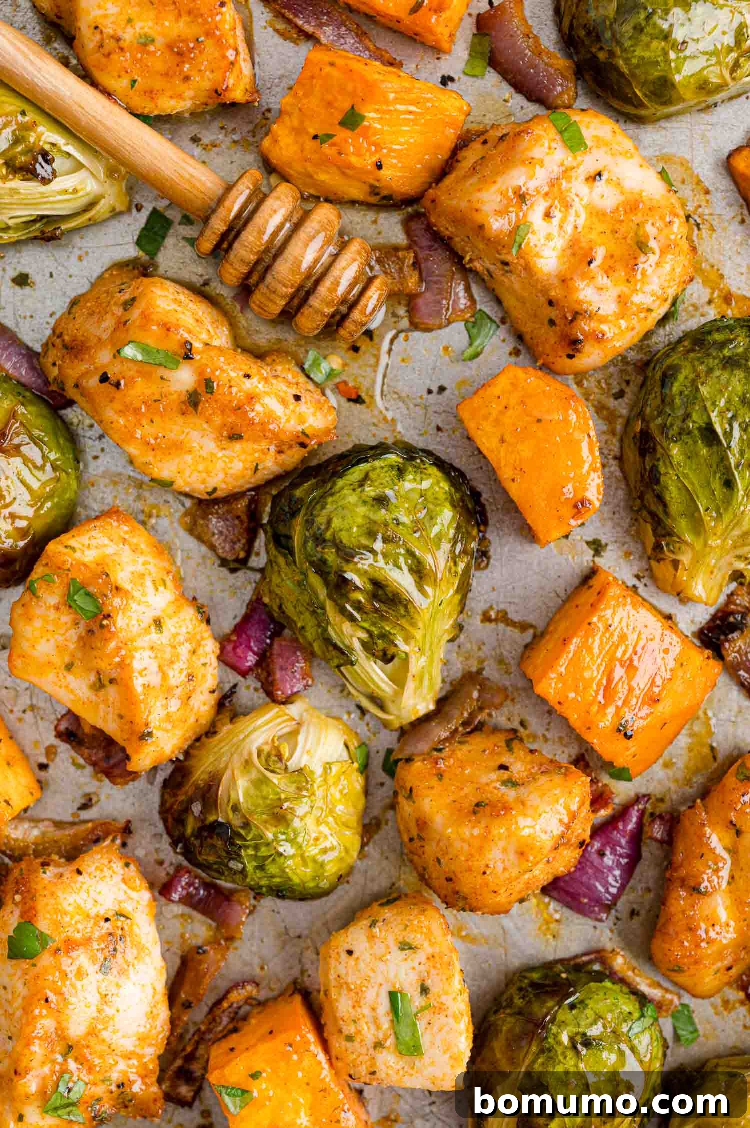 Perfectly roasted chicken, caramelized Brussels sprouts, and tender sweet potatoes are artfully arranged on a sheet pan, ready for a final drizzle of hot honey. The vegetables exhibit a beautiful char, and the chicken is golden brown and juicy.