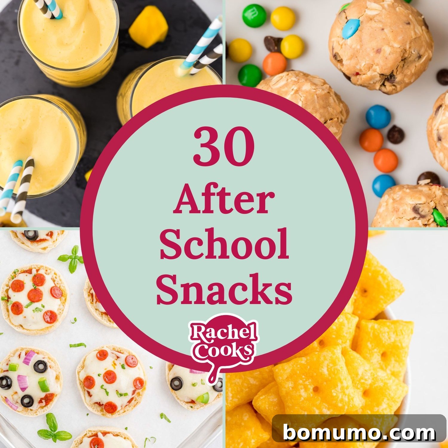 A collage graphic titled '30 After School Snacks' featuring text and appealing recipe photos.