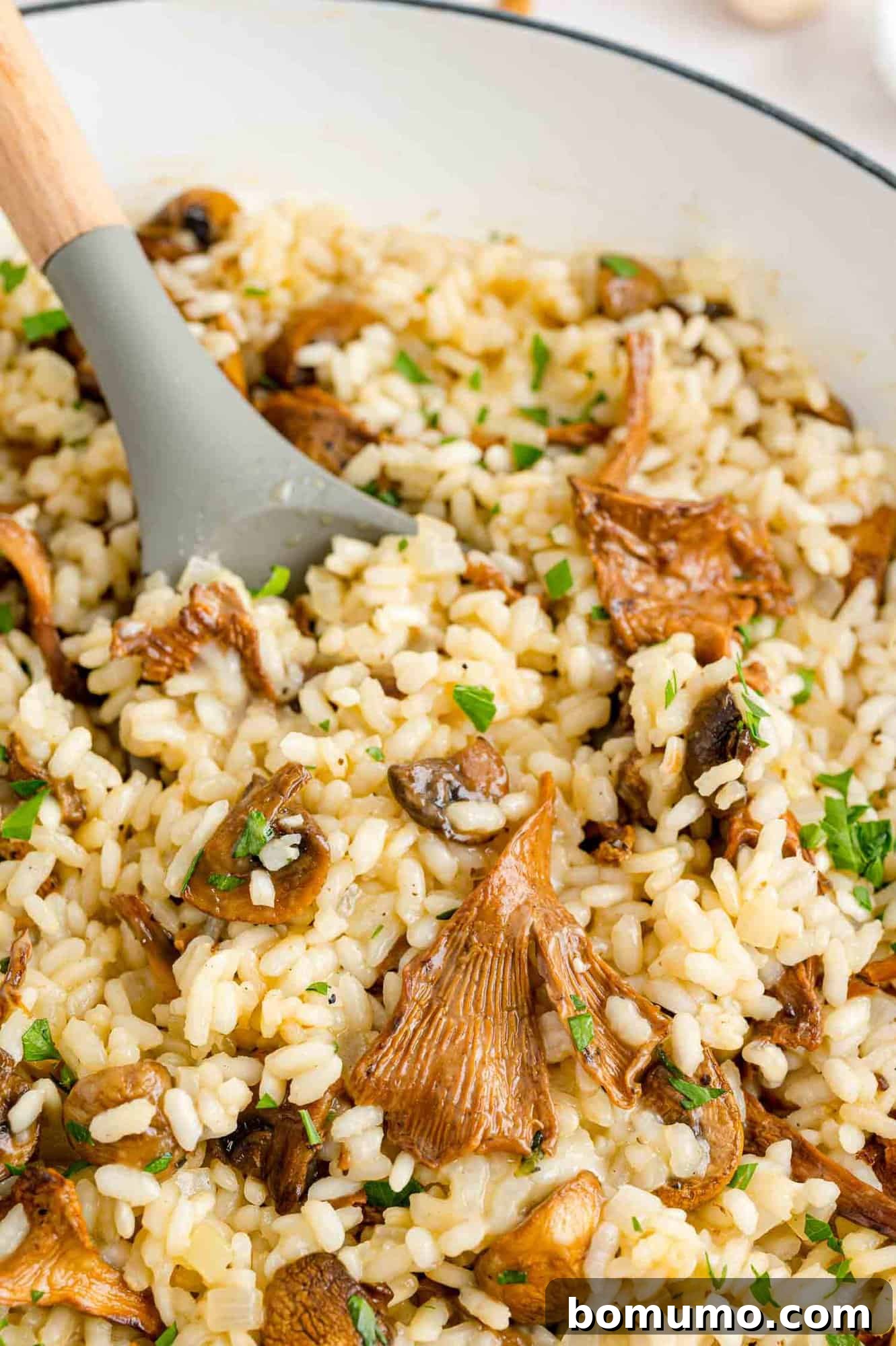 Spoonful of Creamy Roasted Mushroom Risotto – An Easy Vegetarian Delight A large serving spoon stuck into a pot of creamy, rich mushroom risotto, showcasing its hearty texture.