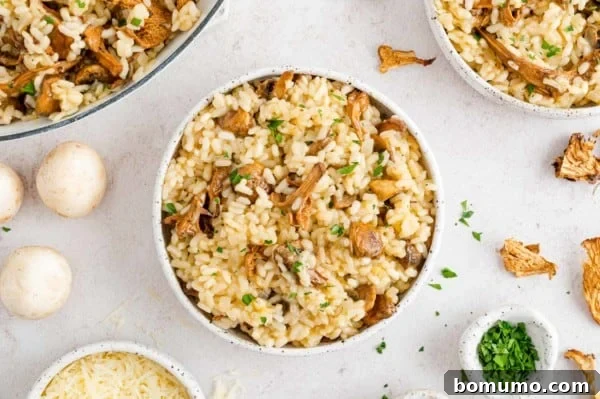 Garnished Mushroom Risotto Ready to Serve Overhead view of a beautifully presented bowl of mushroom risotto, surrounded by scattered mushrooms, fresh parsley, and grated Parmesan.