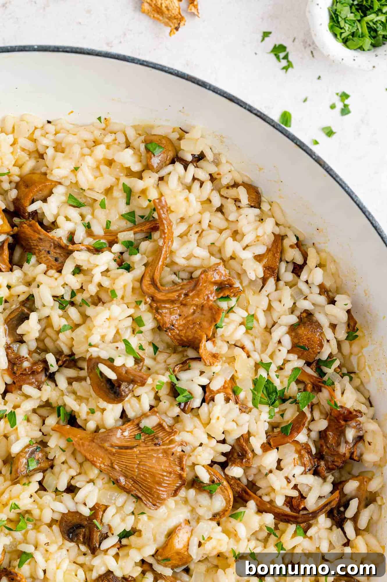 Perfectly Cooked Mushroom Risotto Texture Close-up of a skillet corner filled with creamy mushroom risotto, highlighting its rich texture and color.