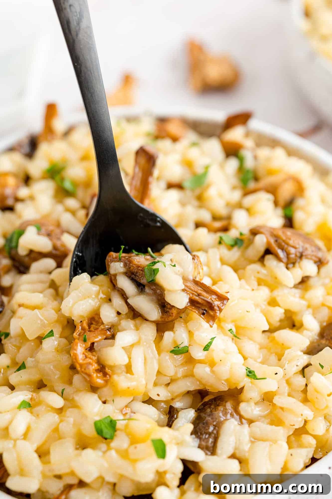 Creamy Mushroom Risotto: A Culinary Delight A spoon inserted into a bowl of creamy mushroom risotto, showing the delectable texture.