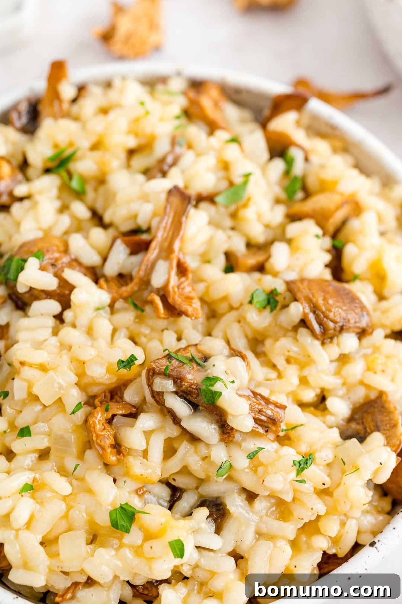 Perfectly Cooked Mushroom Risotto: Creamy and Flavorful Close-up of a steaming bowl of mushroom risotto, garnished with fresh herbs, highlighting its creamy texture.