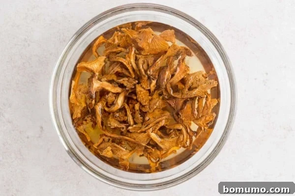 Rehydrating Chanterelle Mushrooms for Risotto Dried chanterelle mushrooms soaking in a glass bowl of hot water, preparing for their rich flavor contribution.