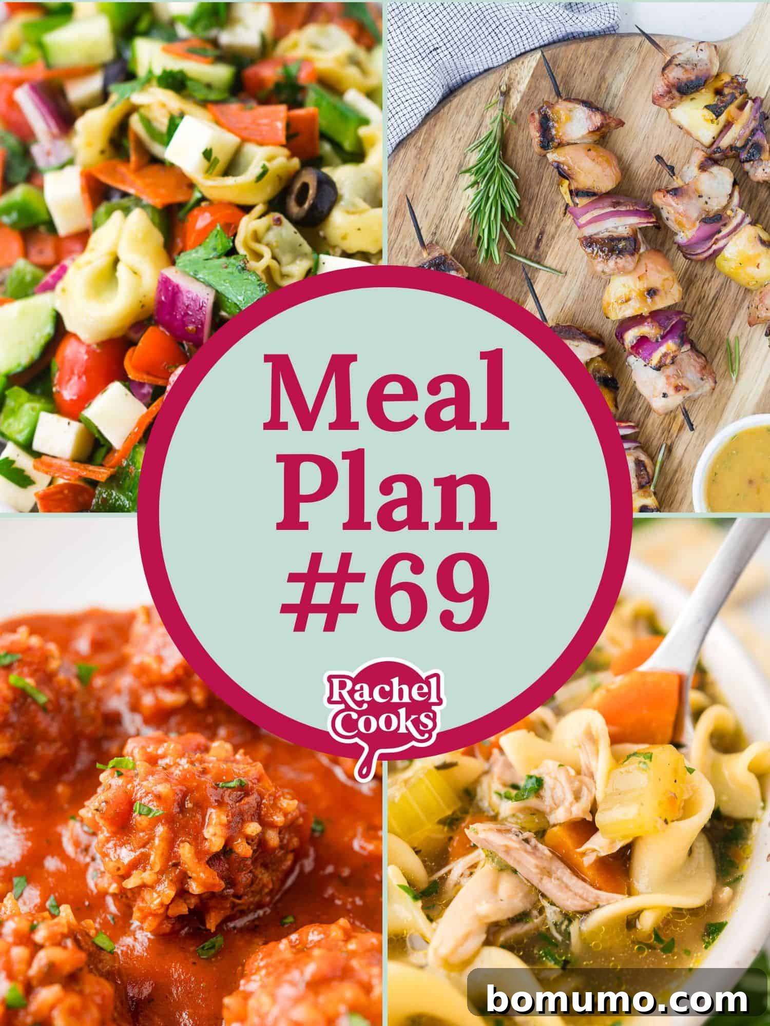 Meal plan 69 preview image with photos of various delicious recipes included, suggesting a diverse and balanced weekly menu.