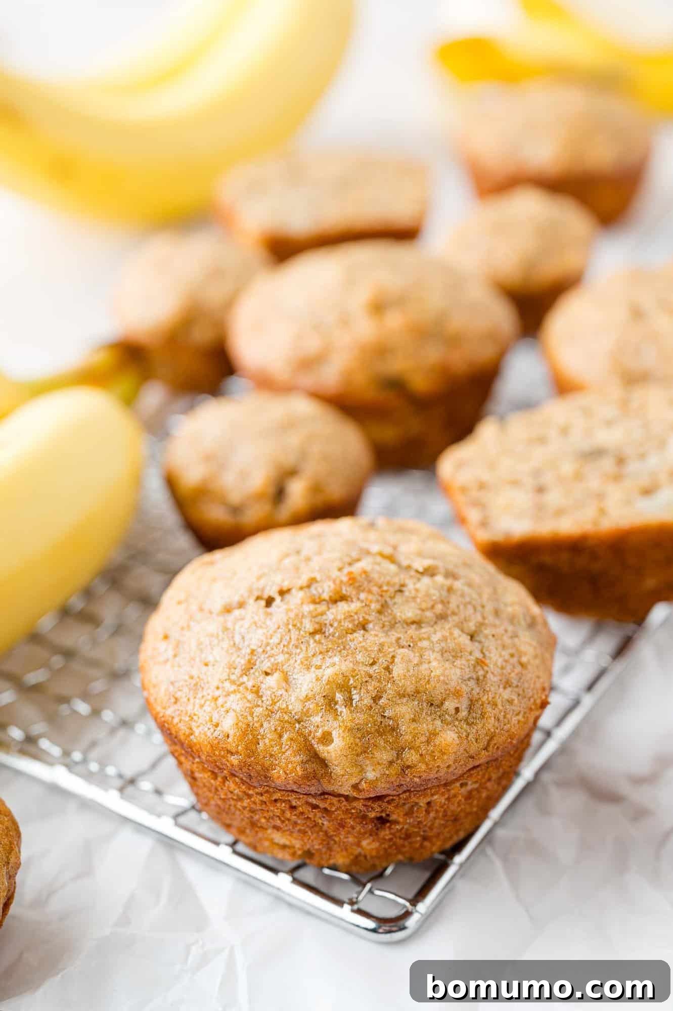Baked muffins on cooling rack.