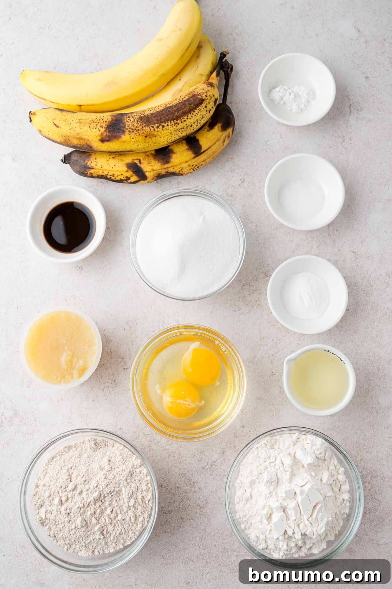 Ingredients needed for recipe, including ripe bananas.