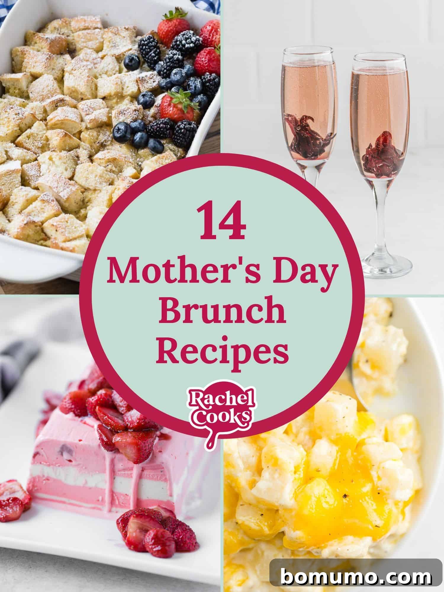 Mother's Day brunch recipes graphic with various delicious dishes and drinks.