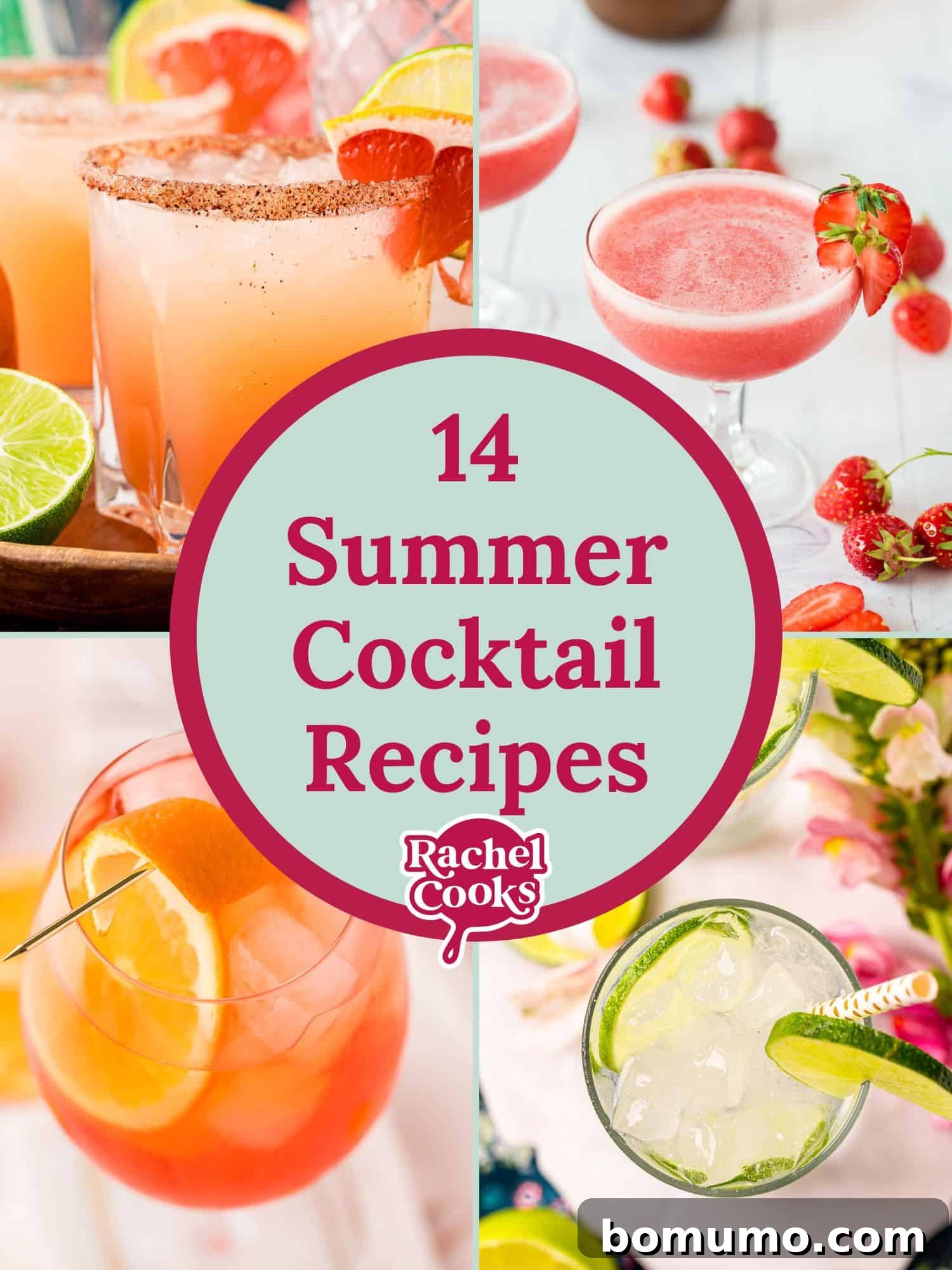 A vibrant graphic showcasing various easy summer cocktail recipes, featuring text overlay and inviting photos of colorful drinks, perfect for summer relaxation.