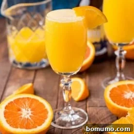 A glass of orange beermosa garnished with an orange slice sits on a wooden table with sliced oranges and a pitcher in the background.