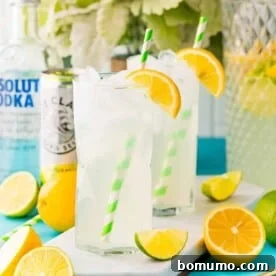 Two glasses of vodka lemonade garnished with orange wedges.
