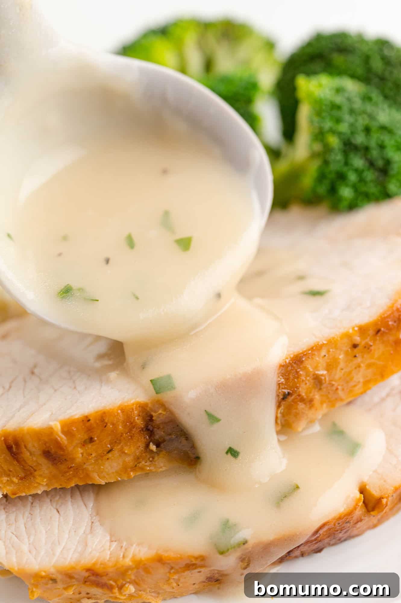 Gravy being poured on turkey slices.