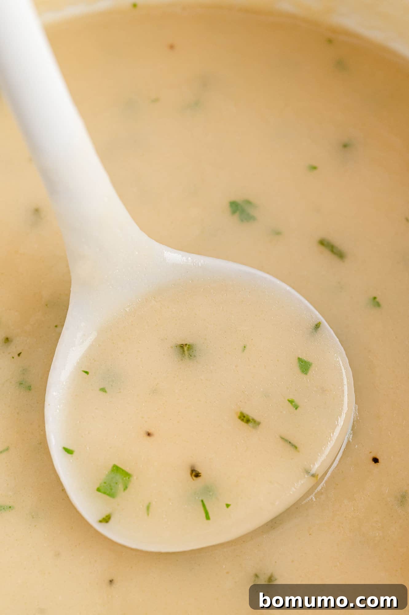 Make-ahead turkey gravy in a white ladle.