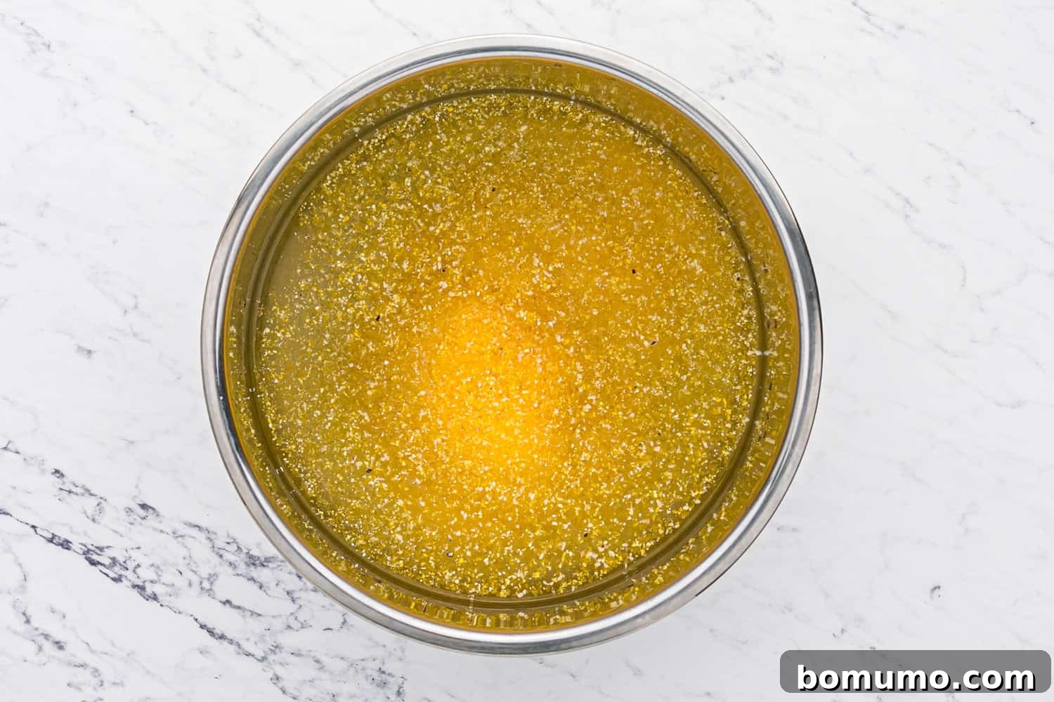 Uncooked polenta, salt, and water added to the Instant Pot, ready for cooking.