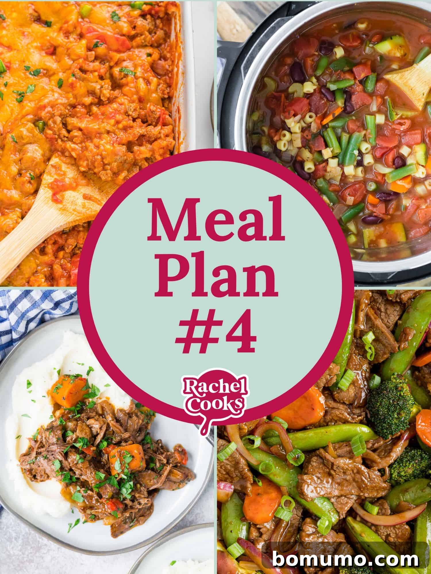 Four recipe images, text reads "meal plan #4," promoting a weekly meal plan.